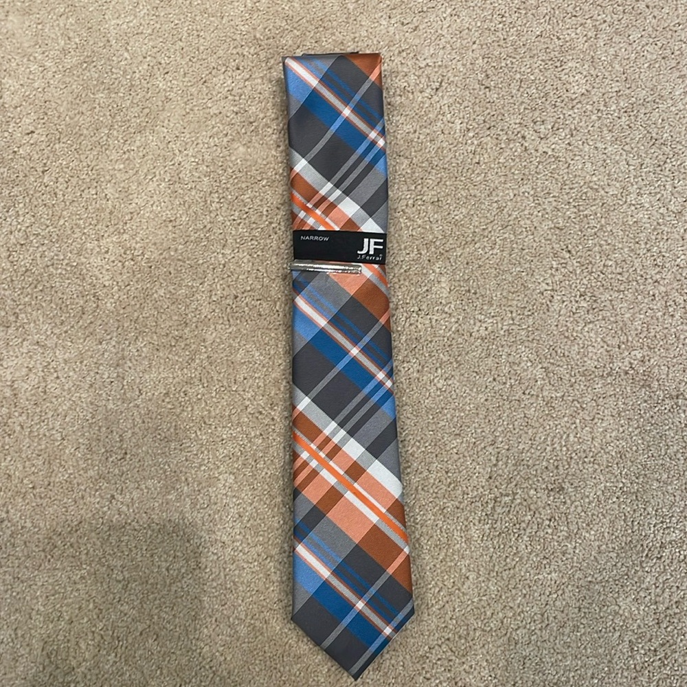 NWT men’s J.Ferrar tie, orange, blue, gray, white plaid, narrow style